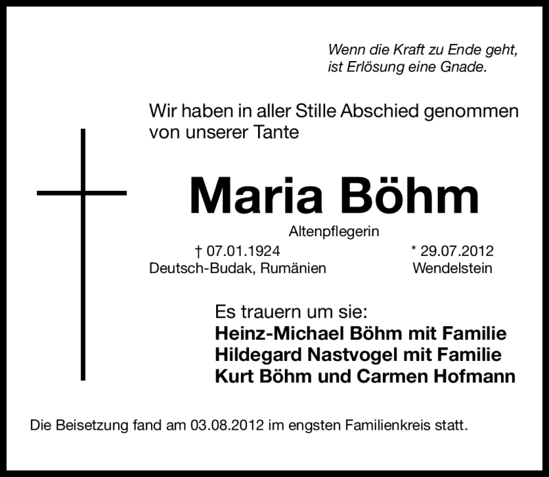  Traueranzeige für Maria Böhm vom 04.08.2012 aus Gesamtausgabe Nürnberger Nachrichten/ Nürnberger Ztg.