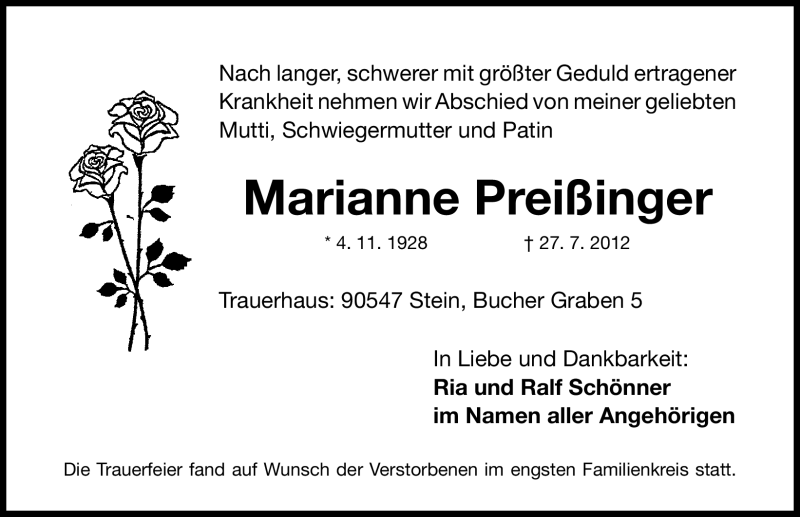  Traueranzeige für Marianne Preißinger vom 02.08.2012 aus Gesamtausgabe Nürnberger Nachrichten/ Nürnberger Ztg.