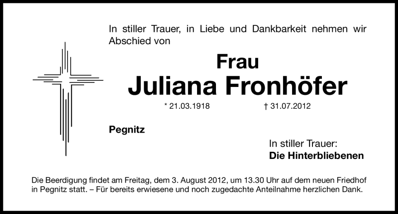  Traueranzeige für Juliana Fronhöfer vom 02.08.2012 aus Nordbayerische Nachrichten Pegnitz Lokal