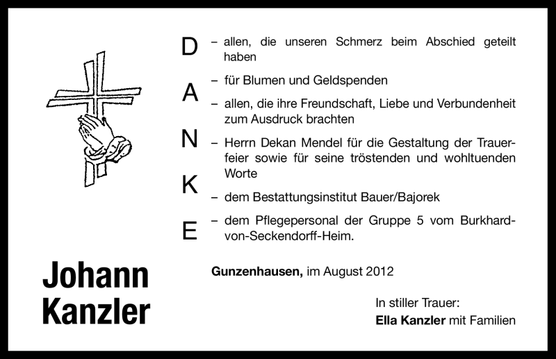  Traueranzeige für Johann Kanzler vom 03.08.2012 aus Altmühl-Bote Lokal