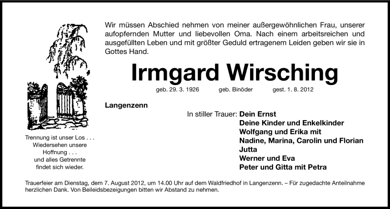 Traueranzeige für Irmgard Wirsching vom 04.08.2012 aus Fürther Nachrichten Lokal