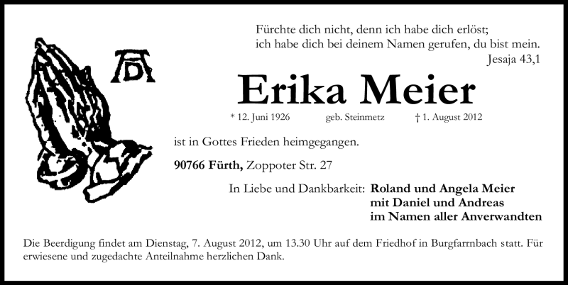  Traueranzeige für Erika Meier vom 04.08.2012 aus Fürther Nachrichten Lokal
