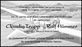 Traueranzeige von Claudia Trapp und Ralf Hümmer von Gesamtausgabe Nürnberger Nachrichten/ Nürnberger Ztg.