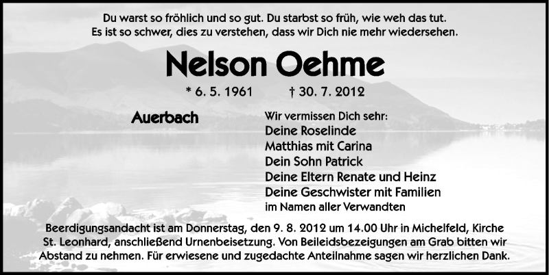  Traueranzeige für Nelson Oehme vom 06.08.2012 aus Nordbayerische Nachrichten Pegnitz Lokal