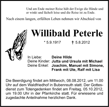 Traueranzeige von Willibald Peterle von Erlanger Nachrichten Lokal