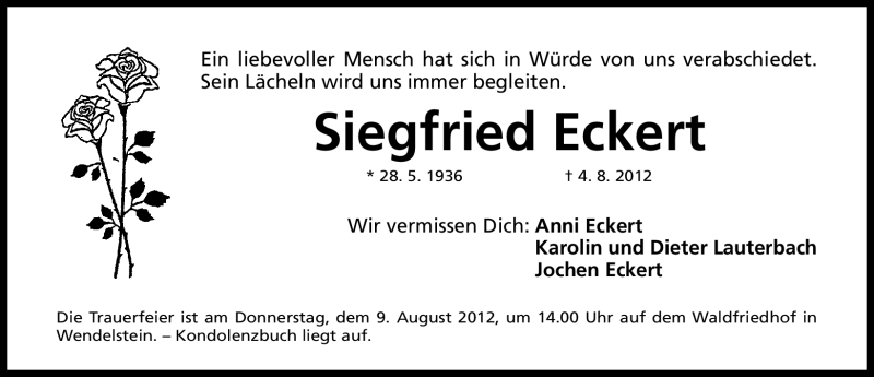  Traueranzeige für Siegfried Eckert vom 07.08.2012 aus Gesamtausgabe Nürnberger Nachrichten/ Nürnberger Ztg.