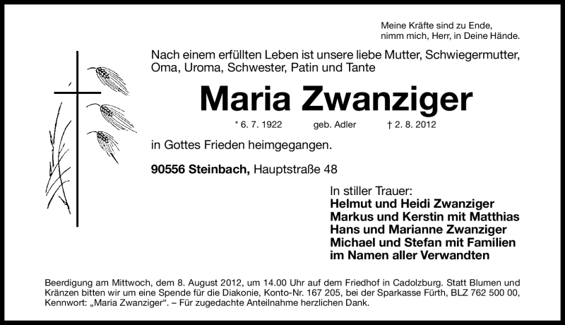  Traueranzeige für Maria Zwanziger vom 07.08.2012 aus Fürther Nachrichten Lokal
