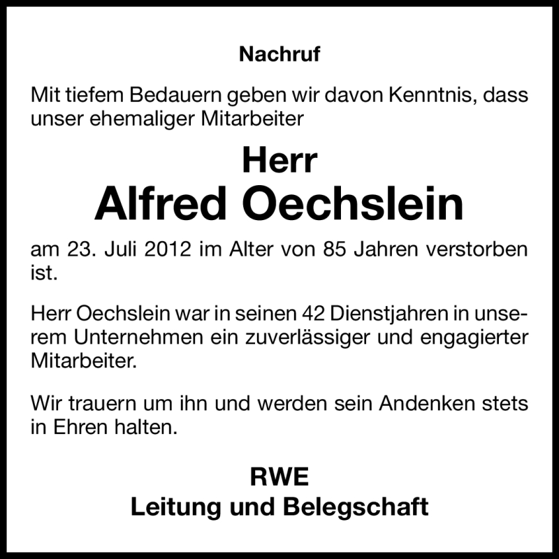  Traueranzeige für Alfred Oechslein vom 08.08.2012 aus Altmühl-Bote Lokal