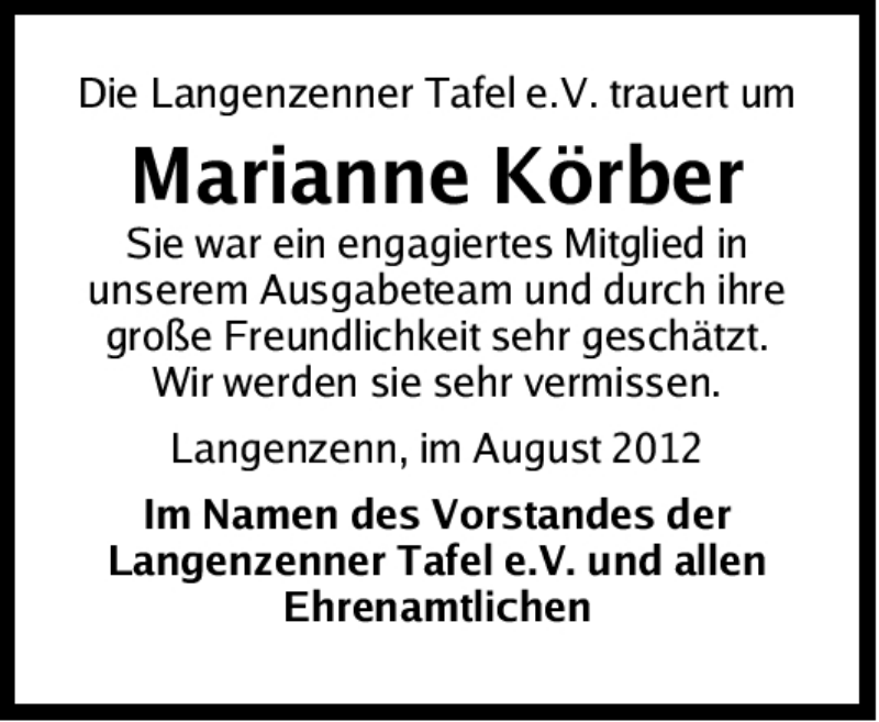 Traueranzeige für Marianne Körber vom 09.08.2012 aus Fürther Nachrichten Lokal