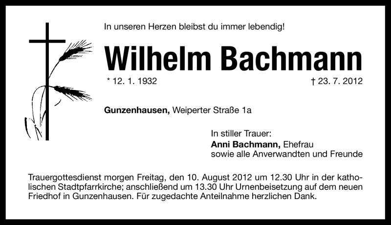  Traueranzeige für Wilhelm Bachmann vom 09.08.2012 aus Altmühl-Bote Lokal