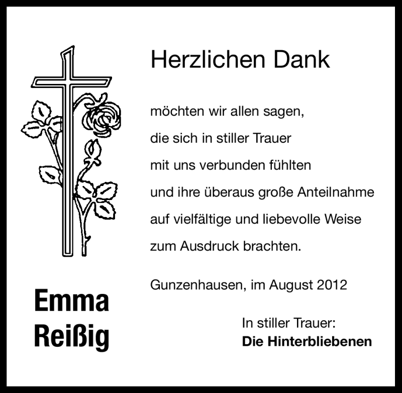  Traueranzeige für Emma Reißig vom 11.08.2012 aus Altmühl-Bote Lokal