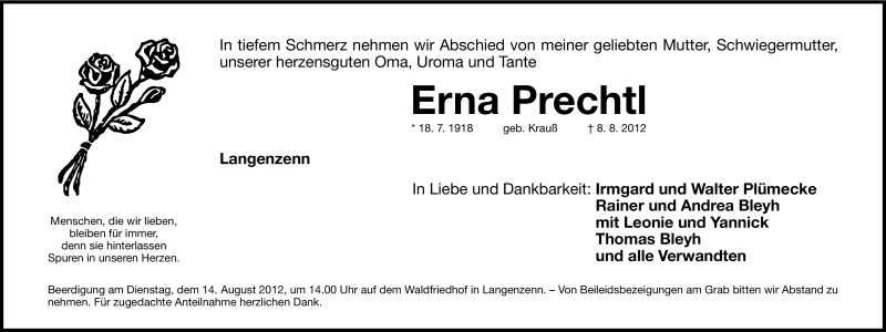  Traueranzeige für Erna Prechtl vom 11.08.2012 aus Fürther Nachrichten Lokal