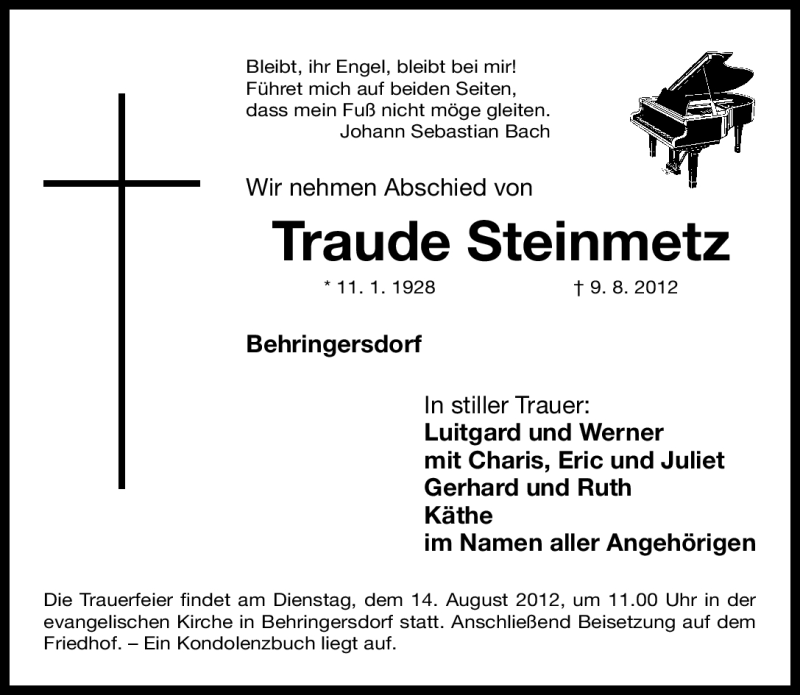  Traueranzeige für Traude Steinmetz vom 11.08.2012 aus Gesamtausgabe Nürnberger Nachrichten/ Nürnberger Ztg.