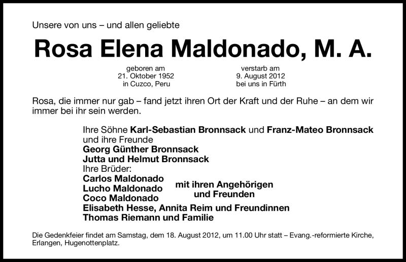  Traueranzeige für Rosa Elena Maldonado vom 11.08.2012 aus Fürther Nachrichten Lokal