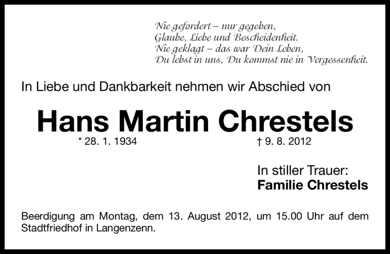  Traueranzeige für Hans Martin Chrestels vom 11.08.2012 aus Fürther Nachrichten Lokal