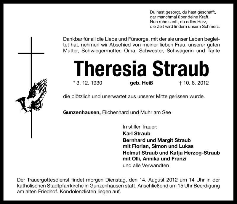  Traueranzeige für Theresia Straub vom 13.08.2012 aus Altmühl-Bote Lokal