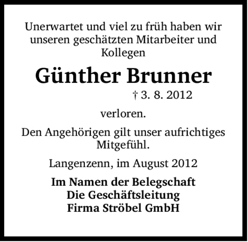  Traueranzeige für Günther Brunner vom 13.08.2012 aus Fürther Nachrichten Lokal
