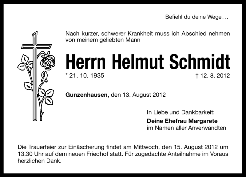  Traueranzeige für Helmut Schmidt vom 13.08.2012 aus Altmühl-Bote Lokal