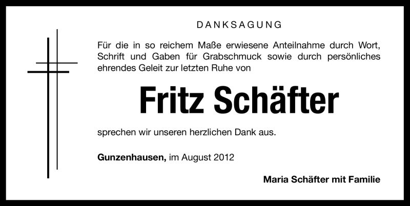  Traueranzeige für Fritz Schäfter vom 13.08.2012 aus Altmühl-Bote Lokal