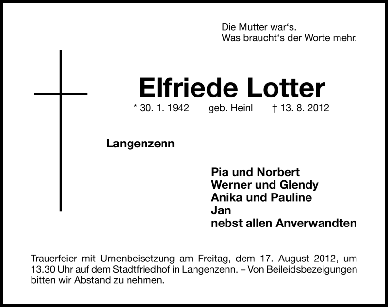 Traueranzeige für Elfriede Lotter vom 15.08.2012 aus Fürther Nachrichten Lokal