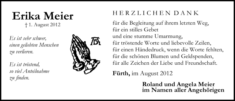  Traueranzeige für Erika Meier vom 15.08.2012 aus Fürther Nachrichten Lokal
