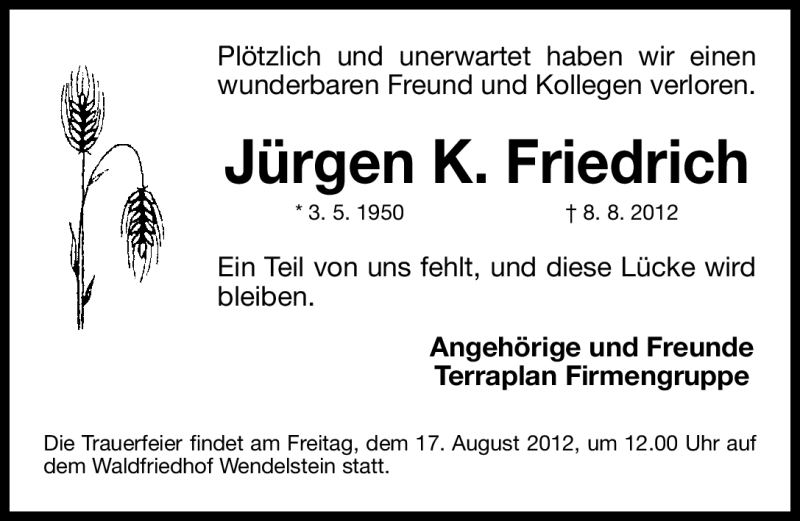  Traueranzeige für Jürgen Friedrich vom 15.08.2012 aus Gesamtausgabe Nürnberger Nachrichten/ Nürnberger Ztg.