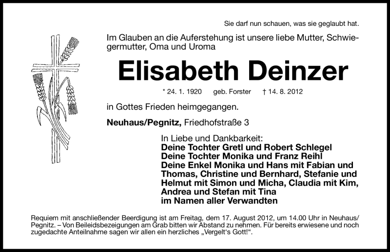  Traueranzeige für Elisabeth Deinzer vom 15.08.2012 aus Nordbayerische Nachrichten Pegnitz Lokal