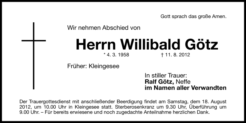  Traueranzeige für Willibald Götz vom 16.08.2012 aus Nordbayerische Nachrichten Forchheim Lokal