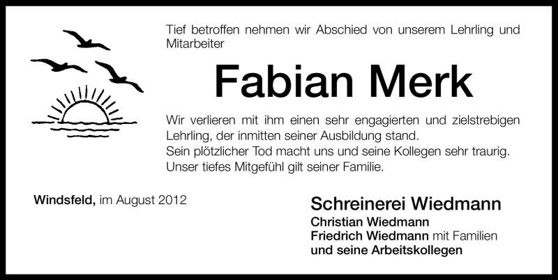  Traueranzeige für Fabian Merk vom 20.08.2012 aus Altmühl-Bote Lokal
