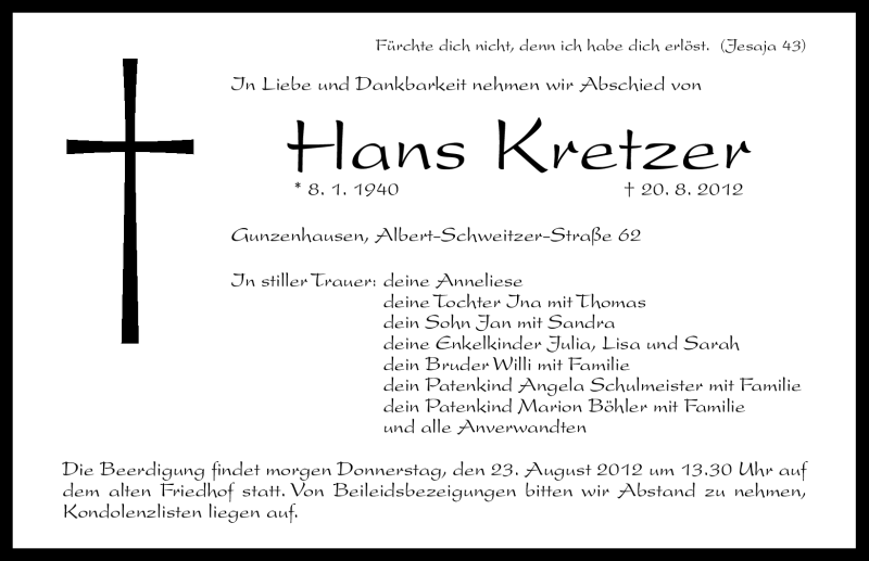  Traueranzeige für Hans Kretzer vom 22.08.2012 aus Altmühl-Bote Lokal