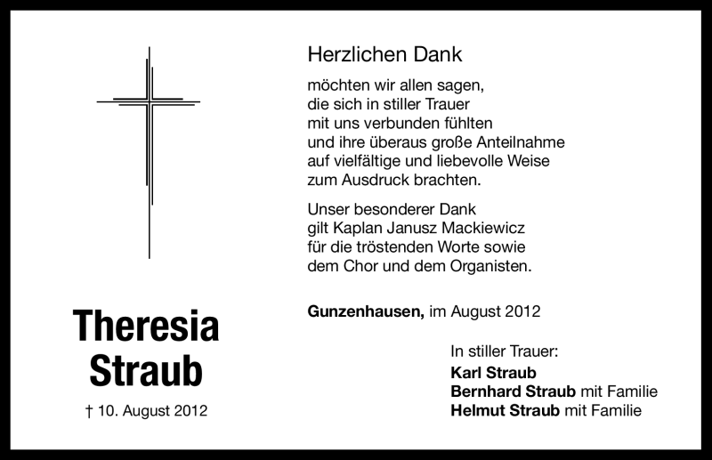  Traueranzeige für Theresia Straub vom 23.08.2012 aus Altmühl-Bote Lokal