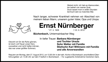 Traueranzeige von Ernst Nürnberger von Roth-Hilpoltsteiner Volkszeitung Lokal