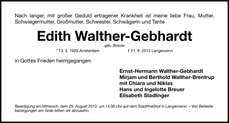  Traueranzeige für Edith Ursula Walther-Gebhardt vom 25.08.2012 aus Fürther Nachrichten Lokal