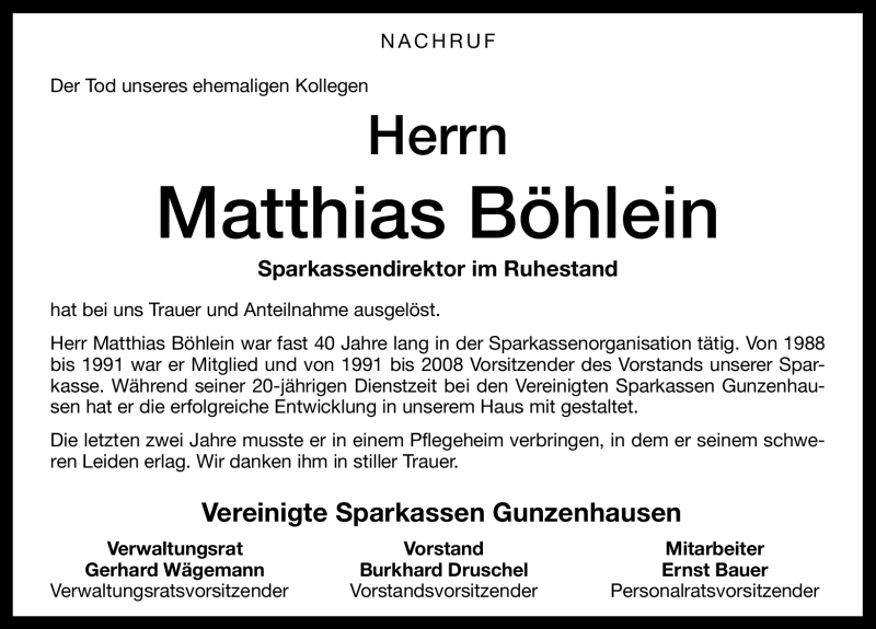  Traueranzeige für Matthias Böhlein vom 24.08.2012 aus Altmühl-Bote Lokal