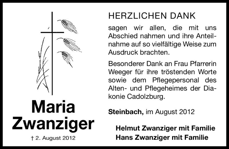  Traueranzeige für Maria Zwanziger vom 25.08.2012 aus Fürther Nachrichten Lokal