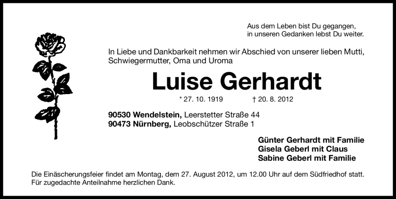  Traueranzeige für Luise Gerhardt vom 25.08.2012 aus Gesamtausgabe Nürnberger Nachrichten/ Nürnberger Ztg.