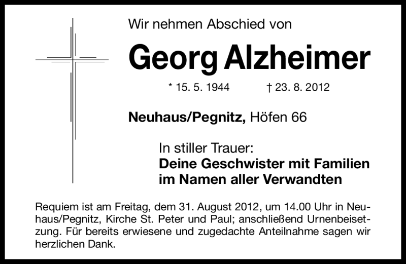  Traueranzeige für Georg Alzheimer vom 25.08.2012 aus Nordbayerische Nachrichten Pegnitz Lokal