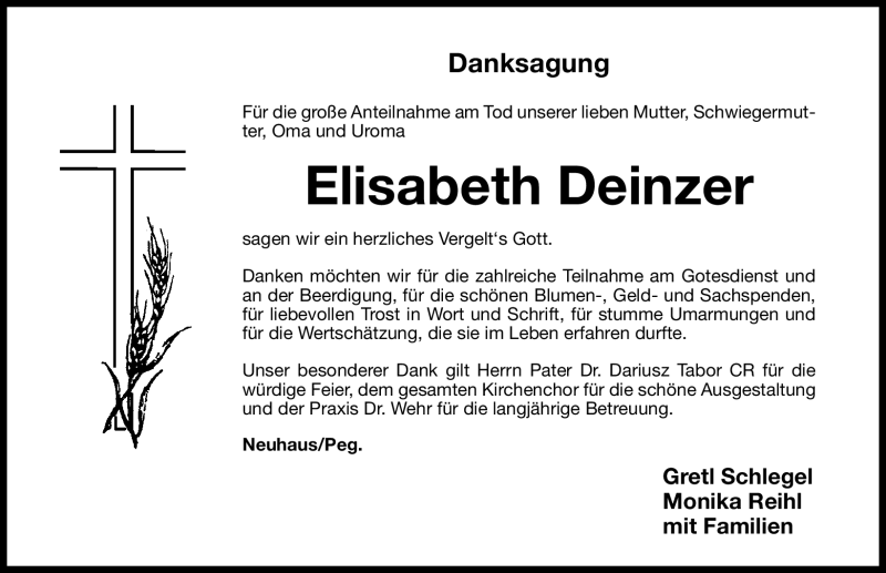  Traueranzeige für Elisabeth Deinzer vom 25.08.2012 aus Nordbayerische Nachrichten Pegnitz Lokal