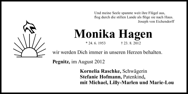 Traueranzeige für Monika Hagen vom 25.08.2012 aus Nordbayerische Nachrichten Pegnitz Lokal