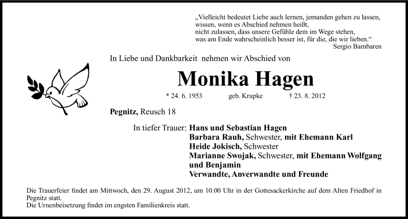  Traueranzeige für Monika Hagen vom 25.08.2012 aus Nordbayerische Nachrichten Pegnitz Lokal