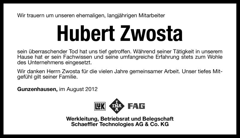  Traueranzeige für Hubert Zwosta vom 25.08.2012 aus Altmühl-Bote Lokal