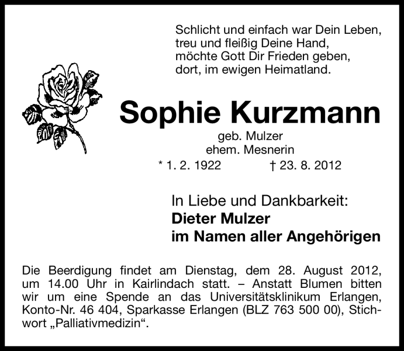  Traueranzeige für Sophie Kurzmann vom 27.08.2012 aus Nordbayerische Nachrichten Herzogenaurach Lokal