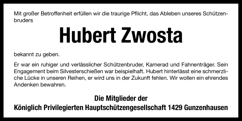  Traueranzeige für Hubert Zwosta vom 27.08.2012 aus Altmühl-Bote Lokal