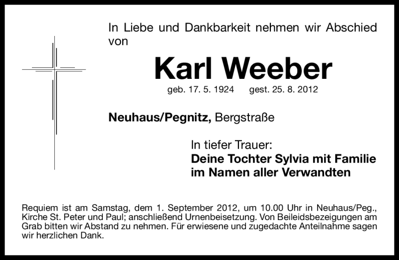  Traueranzeige für Karl Weeber vom 27.08.2012 aus Nordbayerische Nachrichten Pegnitz Lokal