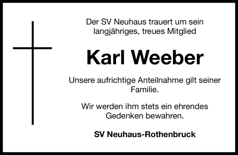  Traueranzeige für Karl Weeber vom 28.08.2012 aus Nordbayerische Nachrichten Pegnitz Lokal