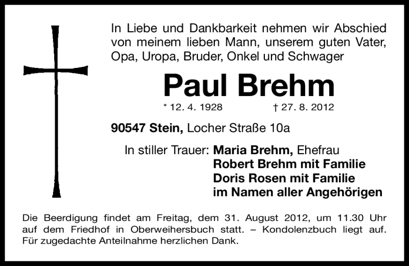  Traueranzeige für Paul Brehm vom 29.08.2012 aus Gesamtausgabe Nürnberger Nachrichten/ Nürnberger Ztg.