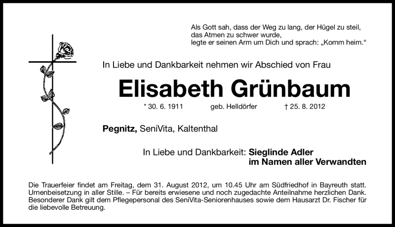  Traueranzeige für Elisabeth Grünbaum vom 29.08.2012 aus Nordbayerische Nachrichten Pegnitz Lokal