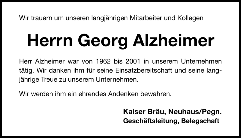  Traueranzeige für Georg Alzheimer vom 30.08.2012 aus Nordbayerische Nachrichten Pegnitz Lokal
