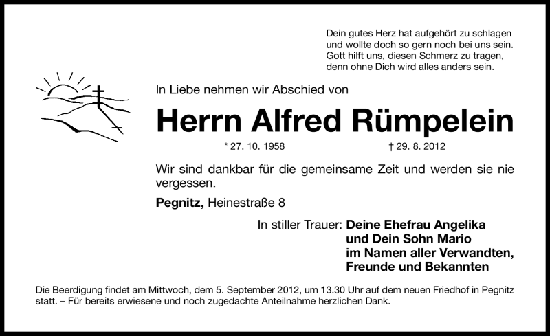  Traueranzeige für Alfred Rümpelein vom 01.09.2012 aus Nordbayerische Nachrichten Pegnitz Lokal