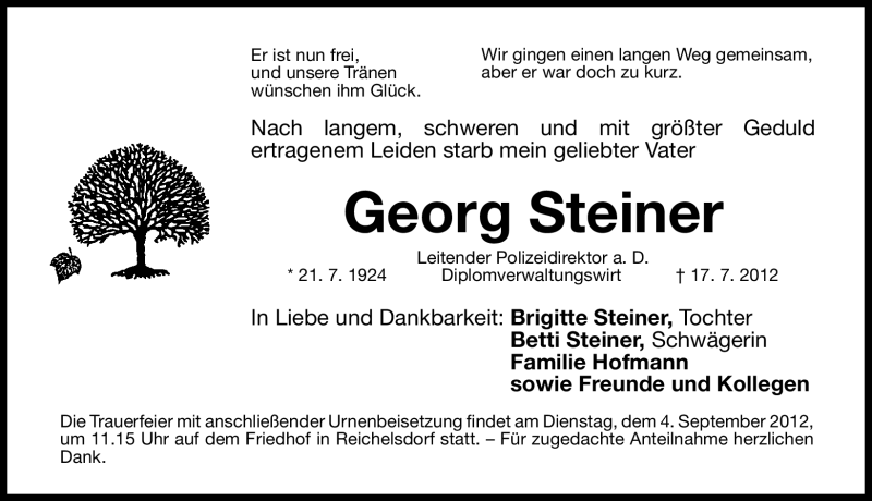  Traueranzeige für Georg Steiner vom 01.09.2012 aus Gesamtausgabe Nürnberger Nachrichten/ Nürnberger Ztg.